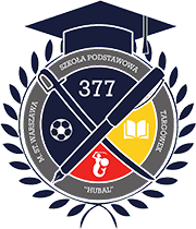 Logo Szkoły Podstawowej nr 377 z symbolem syrenki warszawskiej, piłki, książki oraz numerem szkoły