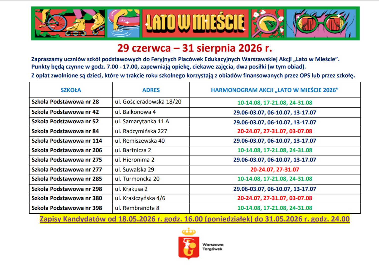 Harmonogram akcji Lato w&nbsp;mieście 2026